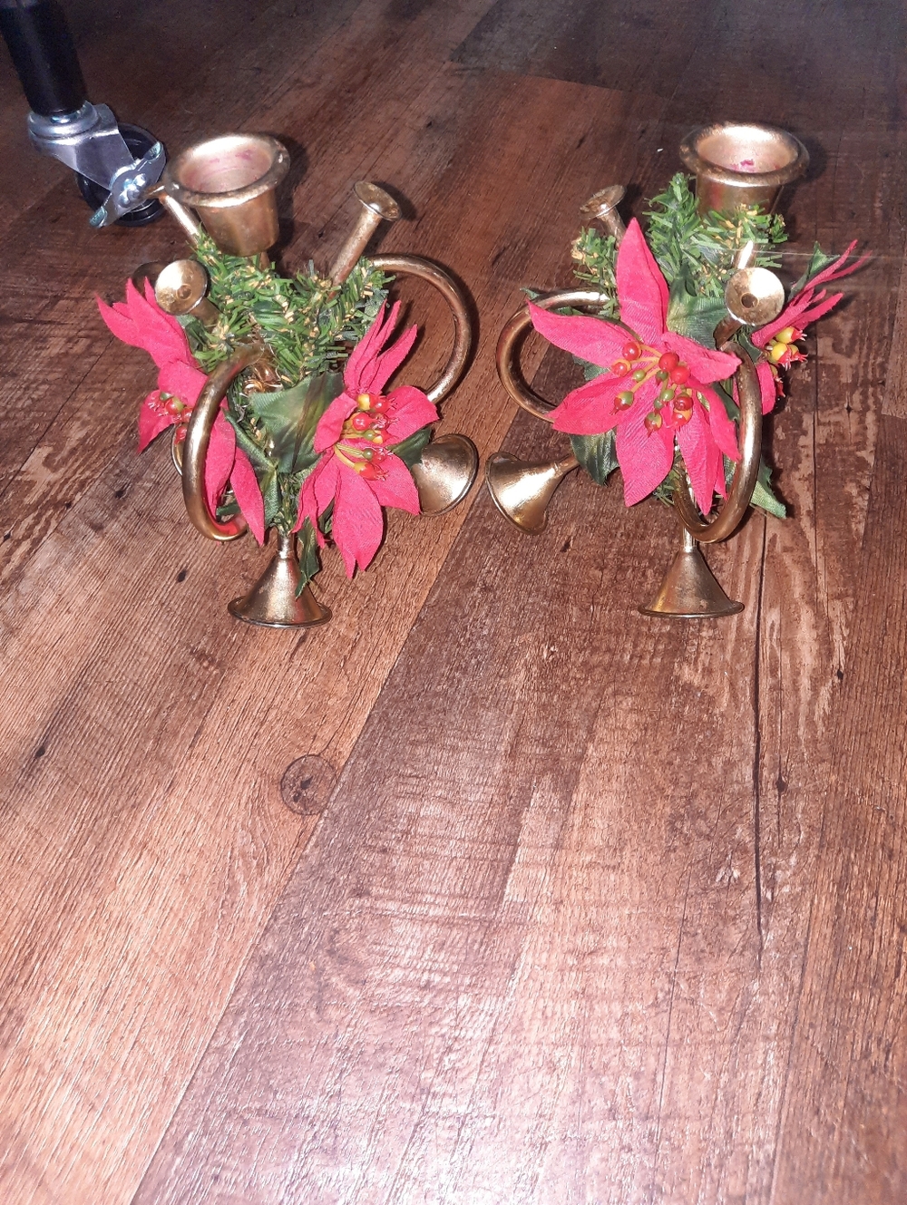Vintage Gold Horn Candleholders with Red Poinsettia Accents